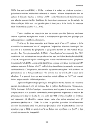 Chapitre 4


2003). Les protéines GAPDH et EF-Tu, localisées à la surface de plusieurs organismes,
pourraient se révéler d’intéressantes candidates au cours de l’invasion du spiroplasme dans les
cellules de l’insecte. De plus, la protéine GAPDH vient d’être récemment identifiée comme
une adhésine pouvant faciliter l’adhésion de Mycoplama pneumoniae sur des cellules de
l’hôte renforçant l’idée que cette protéine pourrait faire partie de la famille des enzymes
multi-fonctionnelles (Dumke et al., 2010).


       D’autres protéines, en revanche ne sont pas connues pour être fortement exprimées
chez un organisme. Leur présence au sein d’un complexe est peut-être plus spécifique que
celle des protéines précédemment énoncées.
       C’est la cas des deux sous-unités α et β faisant partie d’une ATP synthase et de la
sous-unité d’un composant d’un ABC transporteur. Ces protéines présentent l’avantage d’être
associées à la membrane du spiroplasme ce qui pourrait faciliter un rôle éventuel de ces
dernières dans l’invasion des cellules de l’hôte. L’identification d’une sous-unité d’un ABC
transporteur était intéressante car une protéine codant pour une Solute Binding Protein (SBP)
d’un ABC transporteur a déjà été identifiée jouant un rôle dans la transmission du spiroplasme
(Boutareaud et al., 2004). La sous-unité identifiée au cours de notre étude n’est pas une SBP
mais une sous-unité de liaison à l’ATP, molécule fournissant l’énergie nécessaire au transport
des biomolécules. Cette propriété, bien entendu également connue pour l’ATP synthase, est
problématique car la PGK possède aussi cette capacité à se lier avec l’ATP au cours de la
glycolyse. Il se pourrait donc que ces interactions soient médiées par l’ATP qui pourrait
former un pont entre les différentes protéines.
       La protéine Soj (homologue procaryote de la protéine ParA), présente sur l’ensemble
des sept plasmides de S. citri, est impliquée dans la partition du chromosome (Gerdes et al.,
2000). Il est assez difficile d’expliquer comment cette protéine pourrait se retrouver dans un
complexe avec la PGK et surtout comment elle pourrait participer au processus d’invasion. Sa
présence pourrait être liée à celle des sous-unités de l’ATP synthase. En effet, ces protéines
ont récemment été identifiées comme faisant partie d’un même complexe chez M.
pneumoniae (Kuhner et al., 2009). De ce fait, ces protéines pourraient être effectivement
associées en complexes entre elles, mais leur présence au cours de cette étude au sein d’un
complexe avec la PGK ne serait dû qu’à une liaison non spécifique avec l’ATP et être
considérées comme des faux-positifs.




                                                  98
 