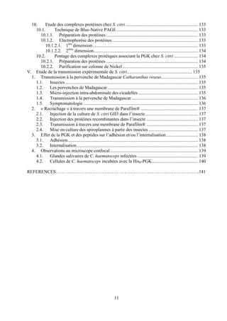 10.     Etude des complexes protéines chez S. citri ............................................................... 133
    10.1.      Technique de Blue-Native PAGE ....................................................................... 133
       10.1.1. Préparation des protéines ................................................................................ 133
       10.1.2. Electrophorèse des protéines ........................................................................... 133
          10.1.2.1. 1ère dimension ............................................................................................ 133
          10.1.2.2. 2ème dimension........................................................................................... 134
    10.2.      Pontage des complexes protéiques associant la PGK chez S. citri ..................... 134
       10.2.1. Préparation des protéines ................................................................................ 134
       10.2.2. Purification sur colonne de Nickel .................................................................. 135
V. Etude de la transmission expérimentale de S. citri......................................................... 135
  1. Transmission à la pervenche de Madagascar Catharanthus roseus................................ 135
    1.1.    Insectes .................................................................................................................... 135
    1.2.    Les pervenches de Madagascar ............................................................................... 135
    1.3.    Micro-injection intra-abdominale des cicadelles .................................................... 135
    1.4.    Transmission à la pervenche de Madagascar .......................................................... 136
    1.5.    Symptomatologie .................................................................................................... 136
  2. « Recrachage » à travers une membrane de Parafilm® .................................................. 137
    2.1.    Injection de la culture de S. citri GII3 dans l’insecte .............................................. 137
    2.2.    Injection des protéines recombinantes dans l’insecte ............................................. 137
    2.3.    Transmission à travers une membrane de Parafilm® ............................................. 137
    2.4.    Mise en culture des spiroplasmes à partir des insectes ........................................... 137
  3. Effet de la PGK et des peptides sur l’adhésion et/ou l’internalisation............................ 138
    3.1.    Adhésion.................................................................................................................. 138
    3.2.    Internalisation.......................................................................................................... 138
  4. Observations au microscope confocal............................................................................. 139
    4.1.    Glandes salivaires de C. haematoceps infectées ..................................................... 139
    4.2.    Cellules de C. haematoceps incubées avec la His6-PGK ........................................ 140

REFERENCES………………………………………………………………………………….141




                                                                    11
 