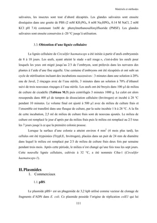 Matériels et méthodes


salivaires, les insectes sont tout d’abord décapités. Les glandes salivaires sont ensuite
disséquées dans une goutte de PBS (2 mM KH2PO4, 8 mM Na2HPO4, 0.14 M NaCl, 2 mM
KCl pH 7.4) contenant 1mM de            phenylmethanesulfonylfluoride (PMSF). Les glandes
salivaires sont ensuite conservées à -20 °C jusqu’à utilisation.


            3.3. Obtention d’une lignée cellulaire

       La lignée cellulaire de Circulifer haematoceps a été initiée à partir d’œufs embryonnés
de 8 à 10 jours. Les œufs, ayant atteint le stade « œil rouge », c'est-à-dire les oeufs pour
lesquels les yeux ont migré jusqu’au 2/3 de l’embryon, sont prélevés dans les nervures des
plantes à l’aide d’une fine aiguille. Une centaine d’embryons ont été récupérés et ont subi un
cycle de stérilisation incluant des incubations successives : 3 minutes dans une solution à 20%
eau de Javel, 2 rinçages avec de l’eau stérile, 3 minutes dans un solution à 70% d’éthanol
suivi de trois nouveaux rinçages à l’eau stérile. Les œufs ont été broyés dans 100 µl de milieu
de culture de cicadelle (Tableau M.3) puis centrifugés 3 minutes 1000 g. Le culot est alors
resuspendu dans 400 µl de tampon de dissociation cellulaire (Invitrogen) et incubé à 28 °C
pendant 10 minutes. Le volume final est ajusté à 500 µl avec du milieu de culture frais et
l’ensemble est transféré dans une flasque de culture, par la suite incubée 1 h à 28 °C. A la fin
de cette incubation, 2,5 ml de milieu de culture frais sont de nouveau ajoutés. Le milieu de
culture est remplacé le jour d’après par du milieu frais puis le milieu est remplacé au 2/3 tous
les 7 jours jusqu’à ce que la première colonie pousse.
       Lorsque la surface d’une colonie a atteint environ 4 mm2 (4 mois plus tard), les
cellules ont été trypsinées (TrypLE, Invitrogen), placées dans un puit de 24 mm de diamètre
dans lequel le milieu est remplacé par 2/3 de milieu de culture frais deux fois par semaine
pendant trois mois. Après cette période, le milieu n’est changé qu’une fois tous les sept jours.
Cette nouvelle lignée cellulaire, cultivée à 32 °C, a été nommée Ciha-1 (Circulifer
haematoceps-1).


II. Plasmides
       1. Commerciaux

            1.1. pBS

       Le plasmide pBS+ est un phagemide de 3,2 kpb utilisé comme vecteur de clonage de
fragments d’ADN dans E. coli. Ce plasmide possède l’origine de réplication colE1 qui lui

                                               111
 