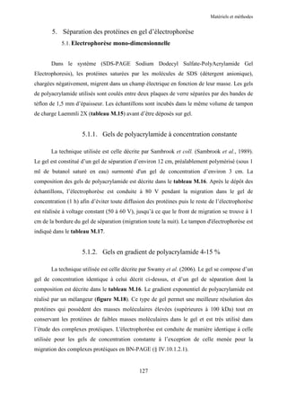 Matériels et méthodes


       5. Séparation des protéines en gel d’électrophorèse
            5.1. Electrophorèse mono-dimensionnelle


       Dans le système (SDS-PAGE Sodium Dodecyl Sulfate-PolyAcrylamide Gel
Electrophoresis), les protéines saturées par les molécules de SDS (détergent anionique),
chargées négativement, migrent dans un champ électrique en fonction de leur masse. Les gels
de polyacrylamide utilisés sont coulés entre deux plaques de verre séparées par des bandes de
téflon de 1,5 mm d’épaisseur. Les échantillons sont incubés dans le même volume de tampon
de charge Laemmli 2X (tableau M.15) avant d’être déposés sur gel.


                     5.1.1. Gels de polyacrylamide à concentration constante

       La technique utilisée est celle décrite par Sambrook et coll. (Sambrook et al., 1989).
Le gel est constitué d’un gel de séparation d’environ 12 cm, préalablement polymérisé (sous 1
ml de butanol saturé en eau) surmonté d'un gel de concentration d’environ 3 cm. La
composition des gels de polyacrylamide est décrite dans le tableau M.16. Après le dépôt des
échantillons, l’électrophorèse est conduite à 80 V pendant la migration dans le gel de
concentration (1 h) afin d’éviter toute diffusion des protéines puis le reste de l’électrophorèse
est réalisée à voltage constant (50 à 60 V), jusqu’à ce que le front de migration se trouve à 1
cm de la bordure du gel de séparation (migration toute la nuit). Le tampon d'électrophorèse est
indiqué dans le tableau M.17.


                     5.1.2. Gels en gradient de polyacrylamide 4-15 %

       La technique utilisée est celle décrite par Swamy et al. (2006). Le gel se compose d’un
gel de concentration identique à celui décrit ci-dessus, et d’un gel de séparation dont la
composition est décrite dans le tableau M.16. Le gradient exponentiel de polyacrylamide est
réalisé par un mélangeur (figure M.18). Ce type de gel permet une meilleure résolution des
protéines qui possèdent des masses moléculaires élevées (supérieures à 100 kDa) tout en
conservant les protéines de faibles masses moléculaires dans le gel et est très utilisé dans
l’étude des complexes protéiques. L'électrophorèse est conduite de manière identique à celle
utilisée pour les gels de concentration constante à l’exception de celle menée pour la
migration des complexes protéiques en BN-PAGE (§ IV.10.1.2.1).


                                              127
 