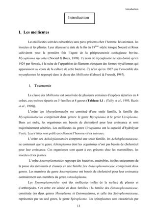 Introduction


                                       Introduction


I. Les mollicutes

        Les mollicutes sont des eubactéries sans paroi présents chez l’homme, les animaux, les
insectes et les plantes. Leur découverte date de la fin du 19ème siècle lorsque Nocard et Roux
cultivèrent pour la première fois l’agent de la péripneumonie contagieuse bovine,
Mycoplasma mycoïdes (Nocard & Roux, 1898). Ce nom de mycoplasme ne sera donné qu’en
1929 par Nowak, à la suite de l’apparition de filaments évoquant des formes mycéliennes qui
apparaissent au cours de la culture de cette bactérie. Ce n’est qu’en 1967 que l’ensemble des
mycoplasmes fut regroupé dans la classe des Mollicutes (Edward & Freundt, 1967).


        1. Taxonomie

        La classe des Mollicutes est constituée de plusieurs centaines d’espèces réparties en 4
ordres, eux-mêmes répartis en 5 familles et 8 genres (Tableau 1.1 ; (Tully et al., 1993; Razin
et al., 1998)).
        L’ordre des Mycoplasmatales est constitué d’une seule famille, la famille des
Mycoplasmataceae comprenant deux genres: le genre Mycoplasma et le genre Ureaplasma.
Dans cet ordre, les organismes ont besoin de cholestérol pour leur croissance et sont
majoritairement aérobies. Les mollicutes du genre Ureaplasma ont la capacité d’hydrolyser
l’urée. Leurs hôtes sont préférentiellement l’homme et les animaux.
        L’ordre des Acholeplasmatales comprend une seule famille, les Acholeplasmataceae,
ne contenant que le genre Acholeplasma dont les organismes n’ont pas besoin de cholestérol
pour leur croissance. Ces organismes sont quant à eux présents chez les mammifères, les
insectes et les plantes.
        L’ordre Anaeroplasmatales regroupe des bactéries, anaérobies, isolées uniquement de
la panse des ruminants et classées en une famille, les Anaeroplasmataceae, comprenant deux
genres. Les membres du genre Anaeroplasma ont besoin de cholestérol pour leur croissance
contrairement aux membres du genre Asteroleplasma.
        Les Entomoplasmatales sont des mollicutes isolés de la surface de plantes et
d’arthropodes. Cet ordre est scindé en deux familles : la famille des Entomoplasmataceae,
constituée des deux genres Mesoplasma et Entomoplasma, et celle des Spiroplasmataceae,
représentée par un seul genre, le genre Spiroplasma. Les spiroplasmes sont caractérisés par

                                              12
 