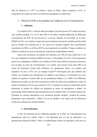 Matériels et méthodes


série de dilutions au 1/10ème est réalisée à partir du filtrat. Après incubation à 32°C, le
changement de couleur est noté et le nombre de spiroplasmes est déterminé.


       3. Effet de la PGK et des peptides sur l’adhésion et/ou l’internalisation

            3.1. Adhésion

       Les cellules Ciha-1, cultivées dans des plaques 24 puits (environ 105 cellules par puit),
sont incubées pendant 2 h à 32°C dans 900 µl de milieu cicadelle additionné de différentes
concentrations de PGK de Saccharomyces cerevisiae (Sigma), de His6-PGK ou de His6-
PGKFL4 et FL5. Les cellules n’ayant subi aucun traitement servent de contrôles positifs tandis
que les cellules non infectées par S. citri servent de contrôles négatifs. Des concentrations
équivalentes de BSA ou de His6-eIF4E servent également de contrôles. Chaque condition est
réalisée en triplicat au cours de chacune des expériences indépendantes menées.
       Après cette incubation, les cellules sont infectées avec 100 µl d’une culture de S. citri
avec une multiplicité d’infection (MOI) d’environ 15-30 pendant 4 h à 4°C. Cette température
permet aux spiroplasmes d’adhérer aux cellules de l’hôte mais inhibe les processus eucaryotes
mis en place au cours de l’internalisation. Les cellules sont ensuite lavées dans 500 µl de
milieu de Schneider (Lonza) afin d’éliminer les spiroplasmes libres. Les cellules sont
trypsinées 10 min à 32°C avec un tampon TrypLE™ (Invitrogen) puis des dilutions des
cellules, sur lesquelles des spiroplasmes ont adhérés, sont réalisées. Le traitement avec cette
solution de trypsine n’a aucun effet sur les spiroplasmes (Duret et al., 2009). Ces différentes
dilutions sont étalées sur des boites contenant le milieu de culture des spiroplasmes. Après un
temps d’incubation d’environ une semaine à 32°C, le nombre de colonies est dénombré afin de
déterminer le nombre de cellules sur lesquelles au moins un spiroplasme a adhéré. Un
pourcentage relatif d’adhésion des spiroplasmes sur les cellules Ciha-1 est calculé comme suit:
[(Nombre de colonies dénombrées avec incubation protéine exogène / nombre de colonies
dénombrées sans traitement) x 100%]. Un test de Student a été réalisé afin de déterminer
l’indice de confiance des résultats obtenus.


            3.2. Internalisation

       L’effet du traitement par les différents peptides de la PGK sur l’internalisation des
spiroplasmes dans les cellules Ciha-1 a été déterminé par un test de protection à la
gentamycine (Isberg & Falkow, 1985). La méthodologie utilisée est identique à celle mise au

                                               138
 