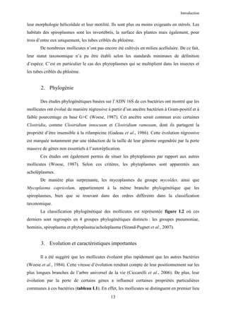 Introduction


leur morphologie hélicoïdale et leur motilité. Ils sont plus ou moins exigeants en stérols. Les
habitats des spiroplasmes sont les invertébrés, la surface des plantes mais également, pour
trois d’entre eux uniquement, les tubes criblés du phloème.
       De nombreux mollicutes n’ont pas encore été cultivés en milieu acellulaire. De ce fait,
leur statut taxonomique n’a pu être établi selon les standards minimaux de définition
d’espèce. C’est en particulier le cas des phytoplasmes qui se multiplient dans les insectes et
les tubes criblés du phloème.


       2. Phylogénie

       Des études phylogénétiques basées sur l’ADN 16S de ces bactéries ont montré que les
mollicutes ont évolué de manière régressive à partir d’un ancêtre bactérien à Gram-positif et à
faible pourcentage en base G+C (Woese, 1987). Cet ancêtre serait commun avec certaines
Clostridia, comme Clostridium innocuum et Clostridium ramosum, dont ils partagent la
propriété d’être insensible à la rifampicine (Gadeau et al., 1986). Cette évolution régressive
est marquée notamment par une réduction de la taille de leur génome engendrée par la perte
massive de gènes non essentiels à l’autoréplication.
       Ces études ont également permis de situer les phytoplasmes par rapport aux autres
mollicutes (Woese, 1987). Selon ces critères, les phytoplasmes sont apparentés aux
acholéplasmes.
       De manière plus surprenante, les mycoplasmes du groupe mycoïdes, ainsi que
Mycoplasma capricolum, appartiennent à la même branche phylogénétique que les
spiroplasmes, bien que se trouvant dans des ordres différents dans la classification
taxonomique.
       La classification phylogénétique des mollicutes est représentée figure I.2 où ces
derniers sont regroupés en 4 groupes phylogénétiques distincts : les groupes pneumoniae,
hominis, spiroplasma et phytoplasma/acholeplasma (Sirand-Pugnet et al., 2007).


       3. Evolution et caractéristiques importantes

       Il a été suggéré que les mollicutes évoluent plus rapidement que les autres bactéries
(Woese et al., 1984). Cette vitesse d’évolution rendrait compte de leur positionnement sur les
plus longues branches de l’arbre universel de la vie (Ciccarelli et al., 2006). De plus, leur
évolution par la perte de certains gènes a influencé certaines propriétés particulières
communes à ces bactéries (tableau I.1). En effet, les mollicutes se distinguent en premier lieu
                                              13
 