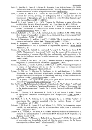 Bibliographie
Duret, S., Batailler, B., Danet, J. L., Beven, L., Renaudin, J. and Arricau-Bouvery, N. (2009).
        "Infection of the Circulifer haematoceps cell line Ciha-1 by Spiroplasma citri: the non
        insect-transmissible strain 44 is impaired in invasion." Microbiology.
Duret, S., Berho, N., Danet, J. L., Garnier, M. and Renaudin, J. (2003). "Spiralin is not
        essential for helicity, motility, or pathogenicity but is required for efficient
        transmission of Spiroplasma citri by its leafhopper vector Circulifer haematoceps."
        Appl Environ Microbiol 69(10): 6225-34.
Edward, D. G. and Freundt, F. A. (1967). "Proposal for Mollicutes as name of the class
        established for the order Mycoplasmatales." Int. J. Syst. Bacteriol. 17(3): 267-268.
Ellington, J. K., Reilly, S. S., Ramp, W. K., Smeltzer, M. S., Kellam, J. F. and Hudson, M. C.
        (1999). "Mechanisms of Staphylococcus aureus invasion of cultured osteoblasts."
        Microbial Pathogenesis 26(6): 317-323.
Fletcher, J., Schultz, G. A., Davis, R. E., Eastman, C. E. and Goodman, R. M. (1981). "Brittle
        Root Disease of Horseradish - Evidence for an Etiological Role of Spiroplasma-Citri."
        Phytopathology 71(10): 1073-1080.
Fletcher, J., Wayadande, A., Melcher, U. and Ye, F. (1998). "The phytopathogenic mollicute-
        insect vector interface: a closer look." Phytopathology 88(12): 1351-8.
Fleury, B., Bergonier, D., Berthelot, X., Peterhans, E., Frey, J. and Vilei, E. M. (2002).
        "Characterization of P40, a cytadhesin of Mycoplasma agalactiae." Infect Immun
        70(10): 5612-21.
Foissac, X., Danet, J. L., Saillard, C., Gaurivaud, P., Laigret, F., Pare, C. and Bove, J. M.
        (1997). "Mutagenesis by insertion of Tn4001 into the genome of Spiroplasma citri:
        Characterization of mutants affected in plant pathogenicity and transmission to the
        plant by the leafhopper vector Circulifer haematoceps." Mol Plant Microbe Interact
        10(4): 454-461.
Foissac, X., Saillard, C. and Bove, J. M. (1997). "Random insertion of transposon Tn4001 in
        the genome of Spiroplasma citri strain GII3." Plasmid 37(1): 80-6.
Foissac, X., Saillard, C., Gandar, J., Zreik, L. and Bove, J. M. (1996). "Spiralin polymorphism
        in strains of Spiroplasma citri is not due to differences in posttranslational
        palmitoylation." J Bacteriol 178(10): 2934-40.
Foissac, X., Thi Loc, N., Christou, P., Gatehouse, A. M. and Gatehouse, J. A. (2000).
        "Resistance to green leafhopper (Nephotettix virescens) and brown planthopper
        (Nilaparvata lugens) in transgenic rice expressing snowdrop lectin (Galanthus nivalis
        agglutinin; GNA)." J Insect Physiol 46(4): 573-583.
Forbes, A. R. (1969). "The stylets of the green peach aphid, Myzus persicae (Homoptera,
        Aphididae)." Canadian Journal of Entomology 101: 31-41.
Fos, A., Bove, J. M., Lallemand, J., Saillard, C., Vignault, J. C., Ali, Y., Brun, P. and Vogel,
        R. (1986). "The Leafhopper Neoaliturus-Hematoceps Is a Vector of Spiroplasma-Citri
        in the Mediterranean Area." Annales De L Institut Pasteur-Microbiologie 137A(1):
        97-107.
Franzoso, G., Dimitrov, D. S., Blumenthal, R., Barile, M. F. and Rottem, S. (1992). "Fusion
        of Mycoplasma fermentans strain incognitus with T-lymphocytes." FEBS Lett 303(2-
        3): 251-4.
Fudl-Allah, A. E. S. A., Calavan, E. C. and Igwegbe, E. C. K. (1972). "Culture of
        mycoplasma like organism associated with the stubborn disease of citrus."
        Phytopathology 62: 729-731.
Fujimoto, L. M., Roth, R., Heuser, J. E. and Schmid, S. L. (2000). "Actin assembly plays a
        variable, but not obligatory role in receptor-mediated endocytosis in mammalian
        cells." Traffic 1(2): 161-71.
Gadeau, A. P., Mouches, C. and Bove, J. M. (1986). "Probable insensitivity of mollicutes to
        rifampin and characterization of spiroplasmal DNA-dependent RNA polymerase." J
        Bacteriol 166(3): 824-8.
Gaillard, J. L., Berche, P., Mounier, J., Richard, S. and Sansonetti, P. (1987). "In vitro model
        of penetration and intracellular growth of Listeria monocytogenes in the human
        enterocyte-like cell line Caco-2." Infect Immun 55(11): 2822-9.
                                              146
 