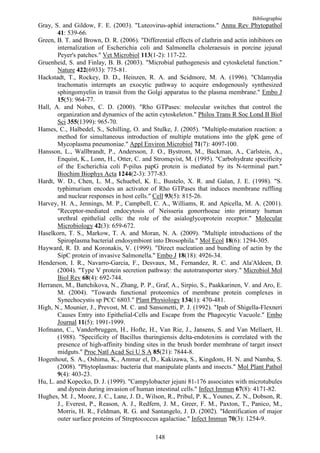 Bibliographie
Gray, S. and Gildow, F. E. (2003). "Luteovirus-aphid interactions." Annu Rev Phytopathol
       41: 539-66.
Green, B. T. and Brown, D. R. (2006). "Differential effects of clathrin and actin inhibitors on
       internalization of Escherichia coli and Salmonella choleraesuis in porcine jejunal
       Peyer's patches." Vet Microbiol 113(1-2): 117-22.
Gruenheid, S. and Finlay, B. B. (2003). "Microbial pathogenesis and cytoskeletal function."
       Nature 422(6933): 775-81.
Hackstadt, T., Rockey, D. D., Heinzen, R. A. and Scidmore, M. A. (1996). "Chlamydia
       trachomatis interrupts an exocytic pathway to acquire endogenously synthesized
       sphingomyelin in transit from the Golgi apparatus to the plasma membrane." Embo J
       15(5): 964-77.
Hall, A. and Nobes, C. D. (2000). "Rho GTPases: molecular switches that control the
       organization and dynamics of the actin cytoskeleton." Philos Trans R Soc Lond B Biol
       Sci 355(1399): 965-70.
Hames, C., Halbedel, S., Schilling, O. and Stulke, J. (2005). "Multiple-mutation reaction: a
       method for simultaneous introduction of multiple mutations into the glpK gene of
       Mycoplasma pneumoniae." Appl Environ Microbiol 71(7): 4097-100.
Hansson, L., Wallbrandt, P., Andersson, J. O., Bystrom, M., Backman, A., Carlstein, A.,
       Enquist, K., Lonn, H., Otter, C. and Stromqvist, M. (1995). "Carbohydrate specificity
       of the Escherichia coli P-pilus papG protein is mediated by its N-terminal part."
       Biochim Biophys Acta 1244(2-3): 377-83.
Hardt, W. D., Chen, L. M., Schuebel, K. E., Bustelo, X. R. and Galan, J. E. (1998). "S.
       typhimurium encodes an activator of Rho GTPases that induces membrane ruffling
       and nuclear responses in host cells." Cell 93(5): 815-26.
Harvey, H. A., Jennings, M. P., Campbell, C. A., Williams, R. and Apicella, M. A. (2001).
       "Receptor-mediated endocytosis of Neisseria gonorrhoeae into primary human
       urethral epithelial cells: the role of the asialoglycoprotein receptor." Molecular
       Microbiology 42(3): 659-672.
Haselkorn, T. S., Markow, T. A. and Moran, N. A. (2009). "Multiple introductions of the
       Spiroplasma bacterial endosymbiont into Drosophila." Mol Ecol 18(6): 1294-305.
Hayward, R. D. and Koronakis, V. (1999). "Direct nucleation and bundling of actin by the
       SipC protein of invasive Salmonella." Embo J 18(18): 4926-34.
Henderson, I. R., Navarro-Garcia, F., Desvaux, M., Fernandez, R. C. and Ala'Aldeen, D.
       (2004). "Type V protein secretion pathway: the autotransporter story." Microbiol Mol
       Biol Rev 68(4): 692-744.
Herranen, M., Battchikova, N., Zhang, P. P., Graf, A., Sirpio, S., Paakkarinen, V. and Aro, E.
       M. (2004). "Towards functional proteomics of membrane protein complexes in
       Synechocystis sp PCC 6803." Plant Physiology 134(1): 470-481.
High, N., Mounier, J., Prevost, M. C. and Sansonetti, P. J. (1992). "Ipab of Shigella-Flexneri
       Causes Entry into Epithelial-Cells and Escape from the Phagocytic Vacuole." Embo
       Journal 11(5): 1991-1999.
Hofmann, C., Vanderbruggen, H., Hofte, H., Van Rie, J., Jansens, S. and Van Mellaert, H.
       (1988). "Specificity of Bacillus thuringiensis delta-endotoxins is correlated with the
       presence of high-affinity binding sites in the brush border membrane of target insect
       midguts." Proc Natl Acad Sci U S A 85(21): 7844-8.
Hogenhout, S. A., Oshima, K., Ammar el, D., Kakizawa, S., Kingdom, H. N. and Namba, S.
       (2008). "Phytoplasmas: bacteria that manipulate plants and insects." Mol Plant Pathol
       9(4): 403-23.
Hu, L. and Kopecko, D. J. (1999). "Campylobacter jejuni 81-176 associates with microtubules
       and dynein during invasion of human intestinal cells." Infect Immun 67(8): 4171-82.
Hughes, M. J., Moore, J. C., Lane, J. D., Wilson, R., Pribul, P. K., Younes, Z. N., Dobson, R.
       J., Everest, P., Reason, A. J., Redfern, J. M., Greer, F. M., Paxton, T., Panico, M.,
       Morris, H. R., Feldman, R. G. and Santangelo, J. D. (2002). "Identification of major
       outer surface proteins of Streptococcus agalactiae." Infect Immun 70(3): 1254-9.

                                             148
 