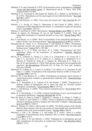 Bibliographie
Markham, P. G. and Townsend, R. (1979). Environmental vectors of spiroplasma. Leafhopper
        vectors and plant disease agents. K. Maramorosch and K. F. Harris. New York,
        Academic Press: 413-446.
Markham, P. G., Townsend, R., Bar-Joseph, M., Daniels, M. J., Plaskitt, A. and Meddins, B.
        M. (1974). "Spiroplasmas are the causal agents of citrus little-leaf disease." Ann Appl
        Biol 78(1): 49-57.
Marsh, M. and Helenius, A. (1989). "Virus entry into animal cells." Adv Virus Res 36: 107-
        51.
Martinez, J. J., Seveau, S., Veiga, E., Matsuyama, S. and Cossart, P. (2005). "Ku70, a
        component of DNA-dependent protein kinase, is a mammalian receptor for Rickettsia
        conorii." Cell 123(6): 1013-23.
Martinez, O. and Goud, B. (1998). "Rab proteins." Biochim Biophys Acta 1404(1-2): 101-12.
Maruta, K., Ogawa, M., Miyamoto, H., Izu, K. and Yoshida, S. I. (1998). "Entry and
        intracellular localization of Legionella dumoffii in Vero cells." Microb Pathog 24(2):
        65-73.
Mas, P. and Beachy, R. N. (2000). "Role of microtubules in the intracellular distribution of
        tobacco mosaic virus movement protein." Proc Natl Acad Sci U S A 97(22): 12345-9.
Matuschewski, K., Nunes, A. C., Nussenzweig, V. and Menard, R. (2002). "Plasmodium
        sporozoite invasion into insect and mammalian cells is directed by the same dual
        binding system." Embo J 21(7): 1597-606.
McCammon, A. L., E. L. Dally and Davis., R. E. (1990). "Electroporation and DNA
        methylation effects on the transfection of spiroplasma." Zentralbl. Bakteriol.
        20(Suppl.): 60–65.
McCoy, R. E., Caudwell, A., Chang, C.-J., Chen, T. A., Chiykowski, L. N., Cousin, M. T.,
        Dale, J. L., de Leeuw, G. T. N., Golino, D. A., Hackett, K. J., Kirkpatrick, B. C.,
        Marwitz, R., Petzold, H., Sinha, R. C., Sugiura, M., Whitcomb, R. F., Yang, I. L.,
        Zhu, B. M. and Seemuller, E. (1989). Plant diseases associated with mycoplasma-like
        organisms. The Mycoplasmas, Whitcomb, R.F. & Tully, J.G. New york: Academic
        Press Inc: 545-640.
McDonald, D., Vodicka, M. A., Lucero, G., Svitkina, T. M., Borisy, G. G., Emerman, M. and
        Hope, T. J. (2002). "Visualization of the intracellular behavior of HIV in living cells."
        J Cell Biol 159(3): 441-52.
McNiven, M. A. and Marlowe, K. J. (1999). "Contributions of molecular motor enzymes to
        vesicle-based protein transport in gastrointestinal epithelial cells." Gastroenterology
        116(2): 438-51.
Mello, A. F., Wayadande, A. C., Yokomi, R. K. and Fletcher, J. (2009). "Transmission of
        different isolates of Spiroplasma citri to carrot and citrus by Circulifer tenellus
        (Hemiptera: Cicadellidae)." J Econ Entomol 102(4): 1417-22.
Mercer, J. and Helenius, A. (2009). "Virus entry by macropinocytosis." Nat Cell Biol 11(5):
        510-20.
Miller, R. V. and Kokjohn, T. A. (1990). "General microbiology of recA: environmental and
        evolutionary significance." Annu Rev Microbiol 44: 365-94.
Mora, M., Bensi, G., Capo, S., Falugi, F., Zingaretti, C., Manetti, A. G., Maggi, T., Taddei, A.
        R., Grandi, G. and Telford, J. L. (2005). "Group A Streptococcus produce pilus-like
        structures containing protective antigens and Lancefield T antigens." Proc Natl Acad
        Sci U S A 102(43): 15641-6.
Morin, S., Ghanim, M., Sobol, I. and Czosnek, H. (2000). "The GroEL protein of the whitefly
        Bemisia tabaci interacts with the coat protein of transmissible and nontransmissible
        begomoviruses in the yeast two-hybrid system." Virology 276(2): 404-16.
Moroianu, J., Fett, J. W., Riordan, J. F. and Vallee, B. L. (1993). "Actin is a surface
        component of calf pulmonary artery endothelial cells in culture." Proc Natl Acad Sci
        U S A 90(9): 3815-9.
Mouches, C., Bove, J. M. and Albisetti, J. (1984). "Pathogenicity of Spiroplasma apis and
        other spiroplasmas for honey-bees in southwestern France." Ann Microbiol (Paris)
        135A(1): 151-5.
                                              152
 