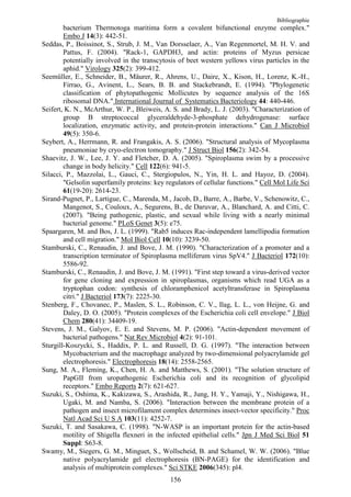 Bibliographie
        bacterium Thermotoga maritima form a covalent bifunctional enzyme complex."
        Embo J 14(3): 442-51.
Seddas, P., Boissinot, S., Strub, J. M., Van Dorsselaer, A., Van Regenmortel, M. H. V. and
        Pattus, F. (2004). "Rack-1, GAPDH3, and actin: proteins of Myzus persicae
        potentially involved in the transcytosis of beet western yellows virus particles in the
        aphid." Virology 325(2): 399-412.
Seemüller, E., Schneider, B., Mäurer, R., Ahrens, U., Daire, X., Kison, H., Lorenz, K.-H.,
        Firrao, G., Avinent, L., Sears, B. B. and Stackebrandt, E. (1994). "Phylogenetic
        classification of phytopathogenic Mollicutes by sequence analysis of the 16S
        ribosomal DNA." International Journal of Systematics Bacteriology 44: 440-446.
Seifert, K. N., McArthur, W. P., Bleiweis, A. S. and Brady, L. J. (2003). "Characterization of
        group B streptococcal glyceraldehyde-3-phosphate dehydrogenase: surface
        localization, enzymatic activity, and protein-protein interactions." Can J Microbiol
        49(5): 350-6.
Seybert, A., Herrmann, R. and Frangakis, A. S. (2006). "Structural analysis of Mycoplasma
        pneumoniae by cryo-electron tomography." J Struct Biol 156(2): 342-54.
Shaevitz, J. W., Lee, J. Y. and Fletcher, D. A. (2005). "Spiroplasma swim by a processive
        change in body helicity." Cell 122(6): 941-5.
Silacci, P., Mazzolai, L., Gauci, C., Stergiopulos, N., Yin, H. L. and Hayoz, D. (2004).
        "Gelsolin superfamily proteins: key regulators of cellular functions." Cell Mol Life Sci
        61(19-20): 2614-23.
Sirand-Pugnet, P., Lartigue, C., Marenda, M., Jacob, D., Barre, A., Barbe, V., Schenowitz, C.,
        Mangenot, S., Couloux, A., Segurens, B., de Daruvar, A., Blanchard, A. and Citti, C.
        (2007). "Being pathogenic, plastic, and sexual while living with a nearly minimal
        bacterial genome." PLoS Genet 3(5): e75.
Spaargaren, M. and Bos, J. L. (1999). "Rab5 induces Rac-independent lamellipodia formation
        and cell migration." Mol Biol Cell 10(10): 3239-50.
Stamburski, C., Renaudin, J. and Bove, J. M. (1990). "Characterization of a promoter and a
        transcription terminator of Spiroplasma melliferum virus SpV4." J Bacteriol 172(10):
        5586-92.
Stamburski, C., Renaudin, J. and Bove, J. M. (1991). "First step toward a virus-derived vector
        for gene cloning and expression in spiroplasmas, organisms which read UGA as a
        tryptophan codon: synthesis of chloramphenicol acetyltransferase in Spiroplasma
        citri." J Bacteriol 173(7): 2225-30.
Stenberg, F., Chovanec, P., Maslen, S. L., Robinson, C. V., Ilag, L. L., von Heijne, G. and
        Daley, D. O. (2005). "Protein complexes of the Escherichia coli cell envelope." J Biol
        Chem 280(41): 34409-19.
Stevens, J. M., Galyov, E. E. and Stevens, M. P. (2006). "Actin-dependent movement of
        bacterial pathogens." Nat Rev Microbiol 4(2): 91-101.
Sturgill-Koszycki, S., Haddix, P. L. and Russell, D. G. (1997). "The interaction between
        Mycobacterium and the macrophage analyzed by two-dimensional polyacrylamide gel
        electrophoresis." Electrophoresis 18(14): 2558-2565.
Sung, M. A., Fleming, K., Chen, H. A. and Matthews, S. (2001). "The solution structure of
        PapGII from uropathogenic Escherichia coli and its recognition of glycolipid
        receptors." Embo Reports 2(7): 621-627.
Suzuki, S., Oshima, K., Kakizawa, S., Arashida, R., Jung, H. Y., Yamaji, Y., Nishigawa, H.,
        Ugaki, M. and Namba, S. (2006). "Interaction between the membrane protein of a
        pathogen and insect microfilament complex determines insect-vector specificity." Proc
        Natl Acad Sci U S A 103(11): 4252-7.
Suzuki, T. and Sasakawa, C. (1998). "N-WASP is an important protein for the actin-based
        motility of Shigella flexneri in the infected epithelial cells." Jpn J Med Sci Biol 51
        Suppl: S63-8.
Swamy, M., Siegers, G. M., Minguet, S., Wollscheid, B. and Schamel, W. W. (2006). "Blue
        native polyacrylamide gel electrophoresis (BN-PAGE) for the identification and
        analysis of multiprotein complexes." Sci STKE 2006(345): pl4.
                                              156
 