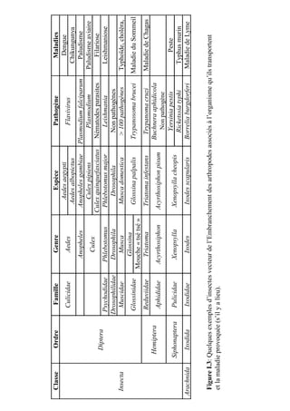 Classe        Ordre           Famille           Genre                 Espèce              Pathogène                  Maladies
                                                                    Aedes aegypti                                      Dengue
                              Culicidae          Aedes                                     Flavivirus
                                                                  Aedes albopictus                                  Chikungunya
                                               Anopheles         Anopheles gambiae Plasmodium falciparum             Paludisme
                                                                    Culex pipiens         Plasmodium              Paludisme aviaire
                                                 Culex
                                                                Culex quinquefasciatus Nématodes parasites            Filariose
               Diptera
                           Psychodidae      Phlebotomus          Phlebotomus major         Leishmania               Leishmaniose
                           Drosophilidae     Drosophila              Drosophila          Non pathogènes
 Insecta                     Muscidae          Musca              Musca domestica       > 100 pathogènes          Typhoïde, choléra,
                                              Glossina
                             Glossinidae                          Glossina palpalis      Trypanosoma brucei      Maladie du Sommeil
                                           Mouche « tsé tsé »
                             Reduviidae       Triatoma            Triatoma infestans      Trypanoma cruzi         Maladie de Chagas
             Hemiptera                                                                   Buchnera aphidicola
                             Aphididae       Acyrthosiphon      Acyrthosiphon pisum
                                                                                             Non pathogène
                                                                                           Yersinia pestis             Peste
            Siphonaptera      Pulicidae        Xenopsylla        Xenopsylla cheopis
                                                                                           Ricketssia typhi        Typhus murin
Arachnida      Ixodida        Ixodidae           Ixodes           Ixodes scapularis      Borrelia burgdorferi     Maladie de Lyme


 Figure I.3: Quelques exemples d’insectes vecteur de l’Embranchement des arthropodes associés à l’organisme qu’ils transportent
 et la maladie provoquée (s’il y a lieu).
 
