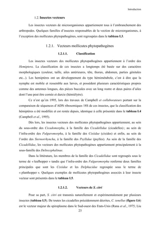 Introduction


            1.2. Insectes vecteurs

       Les insectes vecteurs de microorganismes appartiennent tous à l’embranchement des
arthropodes. Quelques familles d’insectes responsables de la vection de microorganismes, à
l’exception des mollicutes phytopathogènes, sont regroupées dans le tableau I.3.


                     1.2.1. Vecteurs mollicutes phytopathogènes

                              1.2.1.1.        Classification

       Les insectes vecteurs des mollicutes phytopathogènes appartiennent à l’ordre des
Hemiptera. La classification de ces insectes a longtemps été basée sur des caractères
morphologiques (couleur, taille, ailes antérieures, tête, thorax, abdomen, parties génitales
etc...). Les hemiptères ont un développement du type hémimétabole, c’est à dire que la
nymphe est mobile et ressemble aux larves, et possèdent plusieurs caractéristiques propres
comme des antennes longues, des pièces buccales avec un long rostre et deux paires d’ailes
dont l’une peut être cornée et durcie (hémiélytre).
       Ce n’est qu’en 1995, lors des travaux de Campbell et collaborateurs portant sur la
comparaison de séquences d’ADN ribosomiques 18S de ces insectes, que la classification des
hémiptères a été modifiée et est restée depuis, identique à celle présentée dans le tableau I.4
(Campbell et al., 1995).
       Dès lors, les insectes vecteurs des mollicutes phytopathogènes appartiennent, au sein
du sous-ordre des Cicadomorpha, à la famille des Cicadellidae (cicadelles) ; au sein de
l’infra-ordre des Fulguromorpha, à la famille des Cixiidae (cixides) et enfin, au sein de
l’ordre des Sternorrhyncha, à la famille des Psyllidae (psylles). Au sein de la famille des
Cicadellidae, les vecteurs des mollicutes phytopathogènes appartiennent principalement à la
sous-famille des Deltocephalinae.
       Dans la littérature, les membres de la famille des Cicadellidae sont regroupés sous le
terme de « leafhopper » tandis que l’infra-ordre des Fulguromorpha renferme deux familles
principales que sont les Cixiidae et les Delphacidae regroupée sous le terme de
« planthopper ». Quelques exemples de mollicutes phytopathogènes associés à leur insecte
vecteur sont présentés dans le tableau I.5.

                              1.2.1.2.        Vecteurs de S. citri

       Pour sa part, S. citri est transmis naturellement et expérimentalement par plusieurs
insectes (tableau I.5). De toutes les cicadelles précédemment décrites, C. tenellus (figure I.6)
est le vecteur majeur du spiroplasme dans le Sud-ouest des Etats-Unis (Rana et al., 1975; Liu
                                             23
 