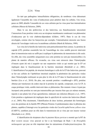 Introduction


                     2.2.4. Virus

       En tant que pathogènes intracellulaires obligatoires, de nombreux virus détournent
également l’ensemble des voies d’endocytoses pour pénétrer dans les cellules. Une revue,
parue en 2009, détaille l’ensemble de ces voies utilisées par les virus pour leur internalisation
cellulaire (Mercer & Helenius, 2009).
       Dans le cas des polérovirus et des lutéovirus, ces franchissements nécessitent
l’interaction d’une protéine virale avec un récepteur membranaire conduisant à un phénomène
d’endocytose par la voie clathrine-dépendante (Gildow, 1987). Dans le cas de virus
enveloppés, comme chez les bunyavirus par exemple, l’internalisation nécessite une fusion
directe de l’enveloppe virale avec la membrane cellulaire (Marsh & Helenius, 1989).
       Les virus de la famille des lutéovirus sont particulièrement bien connus. La protéine de
capside (CP), protéine essentielle lors de l’assemblage du virus semble pouvoir intervenir
dans la transmission mais ne suffit pas à expliquer le phénomène de transmission à elle seule.
En effet, des virus assemblés uniquement avec cette protéine ne sont pas transmissibles à la
plante de manière efficace. En revanche, ces virus sont retrouvés dans l’hémolymphe
d’insecte ayant été mis à acquérir sur une suspension virale ce qui montre que la CP est
impliquée dans le franchissement de la barrière intestinale (Reinbold et al., 2001).
L’identification d’un peptide, de structure homologue à celle de la CP des lutéovirus, pouvant
se lier aux cellules de l’épithélium intestinal empêche la pénétration des particules virales
dans l’hémolymphe renforçant un peu plus le rôle de la CP dans le franchissement de cette
barrière (Liu et al., 2010). De plus, une seconde protéine « readthrough » (RT), protéine
obtenue par translecture du codon stop de la protéine de capside, composant, avec la CP, la
coque protéique virale, semble intervenir dans ce phénomène. Des mutants viraux n’ayant pas
incorporé cette protéine ne sont pas transmissibles par insectes bien que ces mêmes mutants,
injectés à une plante lors d’une agroinfection, induisent une infection (Bruyere et al., 1997).
Cette protéine a également été impliquée dans la spécificité de vection des lutéovirus (Brault
et al., 2005). Plus récemment, l’identification de deux lectines, présentant des homologies
avec des protéines de la famille PP2 (Phloem Proteins 2) prédominantes dans le phloème des
plantes, capables d’interagir avec les particules virales du Cucurbit aphid borne yellows virus
(CABYV), semblent jouer un rôle dans le transmission de ce virus par son insecte vecteur
(Bencharki et al., 2010).
       L’identification de récepteurs chez le puceron Myzus persicae a montré que la RT du
Beet western mosaic virus pouvait se lier à un homologue de Rack 1 de Drosophila
melanogaster qui joue un rôle important dans les mécanismes d’endocytose/exocytose. De
                                               39
 