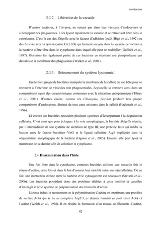 Introduction


                      2.3.2. Libération de la vacuole

         D’autres bactéries, à l’inverse, ne restent pas dans leur vésicule d’endocytose et
s’échappent des phagosomes. Elles lysent rapidement la vacuole et se retrouvent libre dans le
cytoplasme. C’est le cas des Shigella avec le facteur d’adhésion IpaB (High et al., 1992) ou
des Listeria avec la lysteriolysine O (LLO) qui forment un pore dans la vacuole permettant à
la bactérie d’être libre dans le cytoplasme dans lequel elle peut se multiplier (Gaillard et al.,
1987). Rickettsia fait également partie de ces bactéries en sécrétant une phospholipase qui
déstabilise la membrane des phagosomes (Walker et al., 2001).


                      2.3.3. Détournement du système lysosomial

         Un dernier groupe de bactéries manipule la membrane de la cellule de son hôte pour se
retrouver à l’intérieur de vésicules non phagosomiales. Legionella se retrouve ainsi dans un
compartiment ayant des caractéristiques communes avec le réticulum endoplasmique (Tilney
et al., 2001). D’autres encore, comme les Chlamydia, peuvent produire leur propre
compartiment d’endocytose, distinct de tous ceux existants dans la cellule (Hackstadt et al.,
1996).
         Là encore des bactéries possèdent plusieurs systèmes d’échappement à la dégradation
cellulaire. C’est ainsi que pour échapper à la voie autophagique, la bactérie Shigella sécrète,
par l’intermédiaire de son système de sécrétion de type III, une protéine IcsB qui inhibe la
liaison entre le facteur bactérien VirG et le ligand cellulaire Atg5 impliquée dans la
séquestration autophagique de la bactérie (Ogawa et al., 2005). Ensuite, elle peut lyser la
membrane de ce dernier afin de coloniser le cytoplasme.


             2.4. Dissémination dans l’hôte

         Une fois libre dans le cytoplasme, certaines bactéries utilisent une nouvelle fois le
réseau d’actine, cette fois-ci dans le but d’assurer leur motilité intra- ou intercellulaire. De ce
fait, une interaction directe entre la bactérie et le cytosquelette est nécessaire (Stevens et al.,
2006). Les bactéries possèdent donc des protéines dédiées à cette motilité et capables
d’interagir avec le système de polymérisation des filaments d’actine.
         Listeria induit le recrutement et la polymérisation d’actine en exprimant une protéine
de surface ActA qui se lie au complexe Arp2/3, ce dernier formant un pont entre ActA et
l’actine (Welch et al., 1998). Il en résulte la formation d’un réseau de filaments d’actine,

                                                42
 
