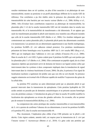 Introduction


souches maintenues dans un tel système, en plus d’être associées à un phénotype de non-
transmissibilité, montre un protéome et un profil plasmidique différent de la souche GII3 de
référence. Une corrélation a pu être établie entre la présence des plasmides pSci et la
transmissibilité de cette bactérie par son insecte vecteur (Berho et al., 2006; Killiny et al.,
2006). Afin d’évaluer leurs contributions respectives au phénotype de transmissibilité, les
plasmides pSci 1 à 6 de la souche transmissible GII3 ont été introduits dans la souche non
transmissible 44, et la transmissibilité de transformants a été déterminée. Il est apparu que
seuls les transformants possédant le pSci6 sont transmis avec toutefois une efficacité moindre
que celle de la souche transmissible GII3 (Berho et al., 2006). Ces résultats indiquent que
contrairement aux autres plasmides pSci, le plasmide pSci6 porte des déterminants essentiels
à la transmission. Les premiers de ces déterminants appartiennent à une famille multigénique,
les protéines ScARPs (S. citri adhesion related proteins). Ces protéines membranaires
présentent de fortes homologies avec la protéine ARP1 de S. citri souche BR3 (Berg et al.,
2001) qui est impliquée dans l’adhésion in vitro aux cellules d’insectes (Yu et al., 2000).
Dans la souche de S. citri GII3, 8 gènes codent pour 8 protéines ScARPs qui sont portées par
les plasmides pSci 1 à 5 (Berho et al., 2006). Elles contiennent un peptide signal, de six à huit
séquences répétées qui pourraient servir de domaine de liaison à un ligand comme celles qui
interviennent dans les systèmes à deux composants impliqués dans la transduction de signal
intervenant dans la virulence bactérienne (Cossart, 2004). De plus, la présence d’un signal de
localisation nucléaire a également été prédite sans que son rôle ne soit élucidé. Sa présence
suggère néanmoins un éventuel rôle d’effecteur capable de modifier l’expression des gènes de
la cellule hôte.
        La protéine P32 constitue un autre déterminant porté par ce plasmide pSci6 et qui
pourrait intervenir dans la transmission du spiroplasme. Cette protéine hydrophile de 238
acides aminés ne possède pas de domaines caractéristiques et ne présente aucune homologie
avec des protéines connues. L’introduction du gène p32 dans la souche 44 semble modifier la
localisation des spiroplasmes au niveau des glandes salivaires. En revanche, elle ne permet
pas de restaurer la transmissibilité (Killiny et al., 2006).
        La comparaison des cartes protéique des souches transmissibles et non-transmissibles
de S. citri a permis de confirmer l’absence de ces déterminants, à savoir les protéines ScARPs
et la protéine P32, chez la souche non-transmissible 44.
        Plus récemment, l’implication plus ciblée d’une CDS présente sur la pSci6 a été
décrite. Cette région codante, annotée traG, est requise pour la transmission de S. citri par
l’insecte vecteur C. haematoceps (Breton et al., 2010). Ce gène code une protéine qui

                                                 45
 