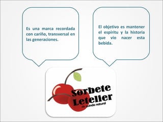 Es una marca recordada
con cariño, transversal en
las generaciones.
El objetivo es mantener
el espíritu y la historia
que vio nacer esta
bebida.
 