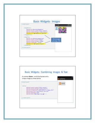 =
"@string/click me"
Basic Widgets: Images
<LinearLayout
. . .
<ImageButton
android:id="@+id/myImageBtn1"
android:layout_width="wrap_content"
android:layout_height="wrap_content"
android:src="@drawable/ic_launcher" >
</ImageButton>
<ImageView
android:id="@+id/myImageView1"
android:layout_width="150dp"
android:layout_height="120dp"
android:scaleType "fitXY"
android:src="@drawable/flower1" >
</ImageView>
</LinearLayout>
This is a jpg,
gif, png,…file
Basic Widgets: Combining Images & Text
A common Button could display textand a
simpleimageas shown below
<LinearLayout
. . .
<Button
android:layout_width="wrap_content"
android:layout_height="wrap_content"
android:drawableLeft="@drawable/ic_happy_face"
android:gravity="left|center_vertical"
android:padding="15dp"
android:text= @string/click_me />
</LinearLayout>
 