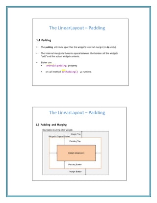 at
The LinearLayout – Padding
1.4 Padding
• The padding attribute specifies the widget’s internal margin (in dp units).
• The internal margin is theextra spacebetween the borders of the widget's
"cell"and the actual widget contents.
• Either use
• android:padding property
• or call method setPadding() runtime.
The LinearLayout – Padding
1.3 Padding and Marging
 