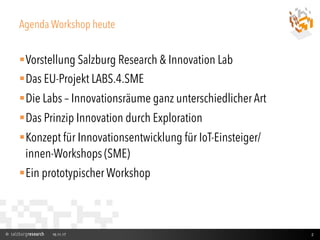 Agenda Workshop heute
§ Vorstellung Salzburg Research & Innovation Lab
§ Das EU-Projekt LABS.4.SME
§ Die Labs – Innovation...