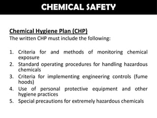 CHEMICAL SAFETY

Chemical Hygiene Plan (CHP)
The written CHP must include the following:

1. Criteria for and methods of monitoring chemical
   exposure
2. Standard operating procedures for handling hazardous
   chemicals
3. Criteria for implementing engineering controls (fume
   hoods)
4. Use of personal protective equipment and other
   hygiene practices
5. Special precautions for extremely hazardous chemicals
 