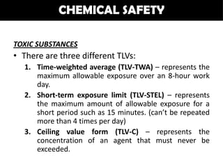 CHEMICAL SAFETY

TOXIC SUBSTANCES
• There are three different TLVs:
   1. Time-weighted average (TLV-TWA) – represents the
      maximum allowable exposure over an 8-hour work
      day.
   2. Short-term exposure limit (TLV-STEL) – represents
      the maximum amount of allowable exposure for a
      short period such as 15 minutes. (can’t be repeated
      more than 4 times per day)
   3. Ceiling value form (TLV-C) – represents the
      concentration of an agent that must never be
      exceeded.
 
