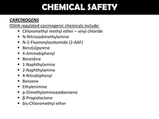 CHEMICAL SAFETY
CARCINOGENS
OSHA regulated carcinogenic chemicals include:
    Chloromethyl methyl ether – vinyl chloride
    N-Nitrosodimethylamine
    N-2-Fluorenylacetamide (2-AAF)
    Benz[a]pyrene
    4-Aminobiphenyl
    Benzidine
    1-Naphthylamine
    2-Naphthylamine
    4-Nitrobiphenyl
    Benzene
    Ethylenimine
    p-Dimethylaminoazobenzene
    β-Propiolactone
    bis-Chloromethyl ether
 