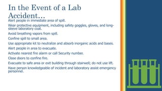 In the Event of a Lab
Accident…Alert people in immediate area of spill.
Wear protective equipment, including safety goggles, gloves, and long-
sleeve laboratory coat.
Avoid breathing vapors from spill.
Confine spill to small area.
Use appropriate kit to neutralize and absorb inorganic acids and bases.
Alert people in area to evacuate.
Activate nearest fire alarm or call Security number.
Close doors to confine fire.
Evacuate to safe area or exit building through stairwell; do not use lift.
Have person knowledgeable of incident and laboratory assist emergency
personnel.
 