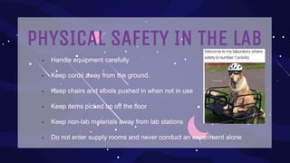 PHYSICAL SAFETY IN THE LAB
• Handle equipment carefully
• Keep cords away from the ground.
• Keep chairs and stools pushed in when not in use
• Keep items picked up off the floor
• Keep non-lab materials away from lab stations
• Do not enter supply rooms and never conduct an experiment alone
 
