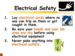 Electrical SafetyElectrical Safety
1. Lay electrical cords where no
one can trip on them or get
caught in them.
2. Be sure your hands and your lab
area are dry before using
electrical equipment.
3. Never poke anything into
electrical outlets.
 