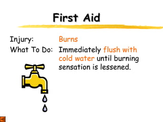 First AidFirst Aid
Injury: Burns
What To Do: Immediately flush with
cold water until burning
sensation is lessened.
 