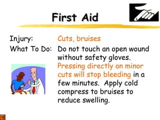 First AidFirst Aid
Injury: Cuts, bruises
What To Do: Do not touch an open wound
without safety gloves.
Pressing directly on minor
cuts will stop bleeding in a
few minutes. Apply cold
compress to bruises to
reduce swelling.
 