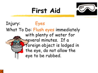 First AidFirst Aid
Injury: Eyes
What To Do: Flush eyes immediately
with plenty of water for
several minutes. If a
foreign object is lodged in
the eye, do not allow the
eye to be rubbed.
 