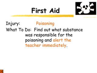 First AidFirst Aid
Injury: Poisoning
What To Do: Find out what substance
was responsible for the
poisoning and alert the
teacher immediately.
 
