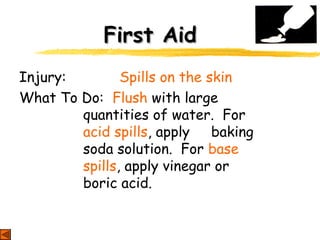 First AidFirst Aid
Injury: Spills on the skin
What To Do: Flush with large
quantities of water. For
acid spills, apply baking
soda solution. For base
spills, apply vinegar or
boric acid.
 