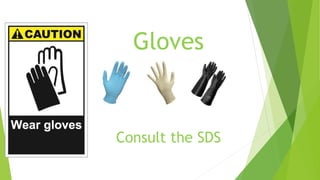 Gloves
Consult the SDS
 