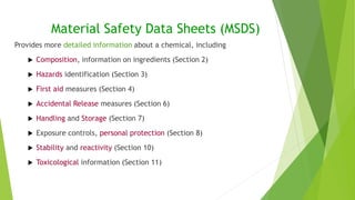 Material Safety Data Sheets (MSDS)
Provides more detailed information about a chemical, including
 Composition, information on ingredients (Section 2)
 Hazards identification (Section 3)
 First aid measures (Section 4)
 Accidental Release measures (Section 6)
 Handling and Storage (Section 7)
 Exposure controls, personal protection (Section 8)
 Stability and reactivity (Section 10)
 Toxicological information (Section 11)
 