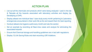  List out all the chemicals and products which were being analyzed / used in the lab
& Tabulate all the hazards associated with laboratory activities and display (by
Developing a CHP)
 Display atleast one individual idea / case study every month pertaining to Laboratory
emergencies encountered in their work life so far and reward them for best reporting
 Conduct atleast one hygiene audit every month and rate the section
 Set an example by recording all Near-miss cases and analyze for eliminating the
associated hazards
 Ensure that Chemical storage and handling guidelines are in tact with regulations.
 Display 12 Life Saving Rules and start recording LSR Violations.
ACTION PLAN
 