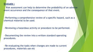 Evaluate :
 Risk assessment can help to determine the probability of an adverse
event occurrence and the consequence of that event.
Performing a comprehensive review of a specific hazard, such as a
chemical material to be used.
Reviewing a hazardous activity or procedure to be performed.
Documenting the review into a written standard operating
procedures.
Re-evaluating the tasks when changes are made to current
procedures, materials use etc
 