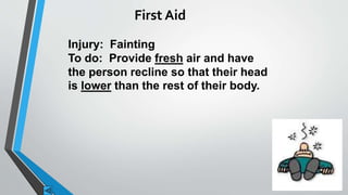 First Aid 
Injury: Fainting 
To do: Provide fresh air and have 
the person recline so that their head 
is lower than the rest of their body. 
 