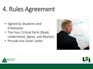 • Signed by Students and
Employees
• The Four Critical Parts (Read,
Understood, Agree, and Realize)
• Provide the Cover Letter
4. Rules Agreement
 