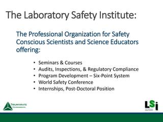 The Professional Organization for Safety
Conscious Scientists and Science Educators
offering:
The Laboratory Safety Institute:
• Seminars & Courses
• Audits, Inspections, & Regulatory Compliance
• Program Development – Six-Point System
• World Safety Conference
• Internships, Post-Doctoral Position
 