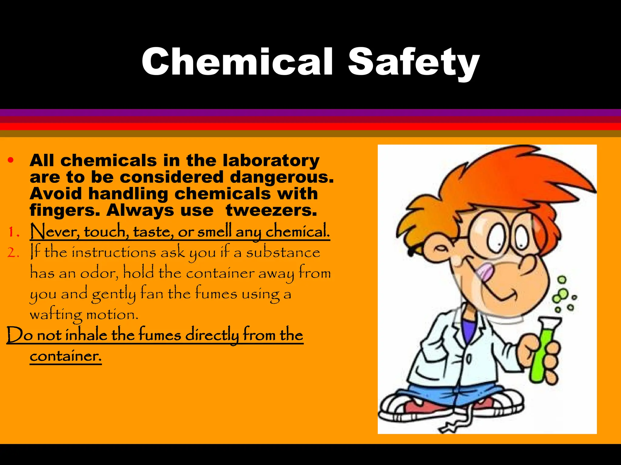 Chemical Safety slide with black background and red bar; text 'Chemical Safety' and instructions that all chemicals should be treated as dangerous; cartoon boy with glasses holding a bubbling flask.