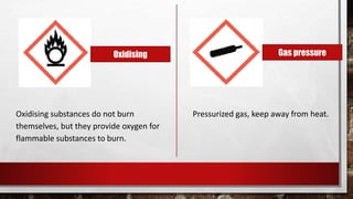 Oxidising
Oxidising substances do not burn
themselves, but they provide oxygen for
flammable substances to burn.
Gas pressure
Pressurized gas, keep away from heat.
 