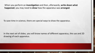 When you perform an investigation and then, afterwards, write down what
happened; you may need to draw how the apparatus was arranged.
To save time in science, there are special ways to draw the apparatus.
In the next set of slides, you will know names of different apparatus, the use and 2D
drawing of each apparatus.
 