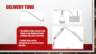 DELIVERY TUBE
• The delivery tube converts any
liquid or gas flowing through
a Rubber tube into a free flow.
• A rubber tube can be
connected to or from the top of
the tube.
 