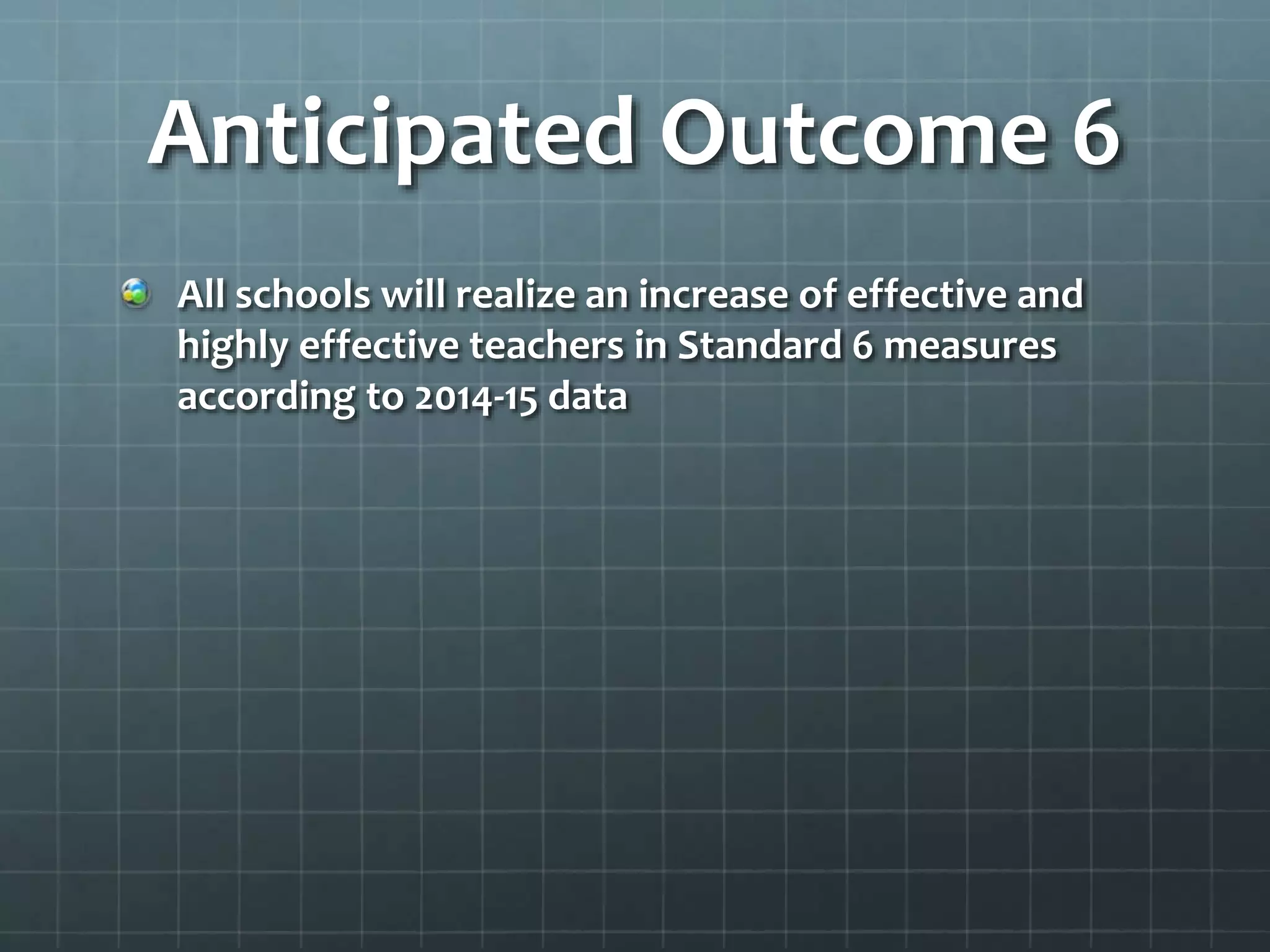 Anticipated Outcome 6
All schools will realize an increase of effective and
highly effective teachers in Standard 6 measures
according to 2014-15 data
 