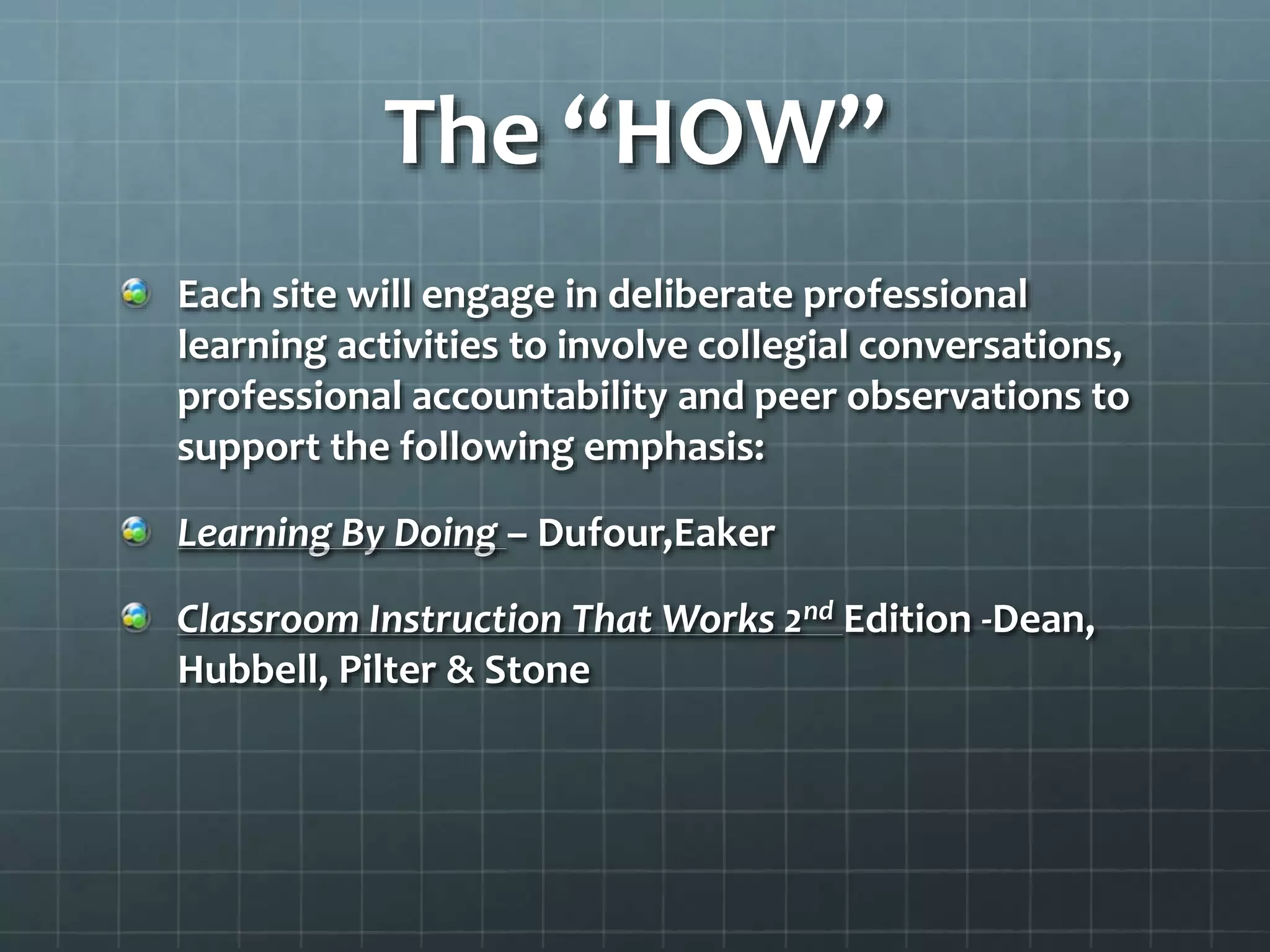 The “HOW”
Each site will engage in deliberate professional
learning activities to involve collegial conversations,
professional accountability and peer observations to
support the following emphasis:
Learning By Doing – Dufour,Eaker
Classroom Instruction That Works 2nd Edition -Dean,
Hubbell, Pilter & Stone
 