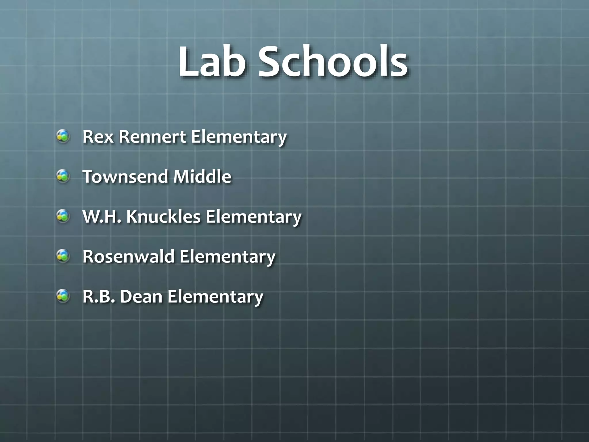Lab Schools
Rex Rennert Elementary
Townsend Middle
W.H. Knuckles Elementary
Rosenwald Elementary
R.B. Dean Elementary
 