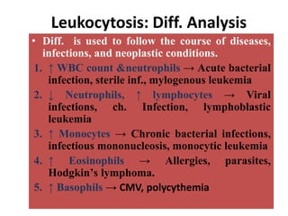 Leukocytosis: Diff. Analysis
• Diff. is used to follow the course of diseases,
infections, and neoplastic conditions.
1. ↑ WBC count &neutrophils → Acute bacterial
infection, sterile inf., mylogenous leukemia
2. ↓ Neutrophils, ↑ lymphocytes → Viral
infections, ch. Infection, lymphoblastic
leukemia
3. ↑ Monocytes → Chronic bacterial infections,
infectious mononucleosis, monocytic leukemia
4. ↑ Eosinophils → Allergies, parasites,
Hodgkinʼs lymphoma.
5. ↑ Basophils → CMV, polycythemia
 