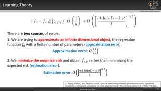 CPSLAB (http://cpslab.snu.ac.kr)
Learning Theory
22Learning From Data
[1] Niyogi, Partha, and Federico Girosi. "On the relationship between generalization error, hypothesis
complexity, and sample complexity for radial basis functions." Neural Computation 8.4 (1996): 819-842.
There are two sources of errors:
1. We are trying to approximate an infinite dimensional object, the regression
function 𝑓0 with a finite number of parameters (approximation error).
Approximation error: 𝑂
1
𝑛
2. We minimize the empirical risk and obtain 𝑓𝑛,𝑙, rather than minimizing the
expected risk (estimation error).
Estimation error: 𝑂
𝑛𝑘 ln 𝑛𝑙 −ln 𝛿
𝑙
0.5
 