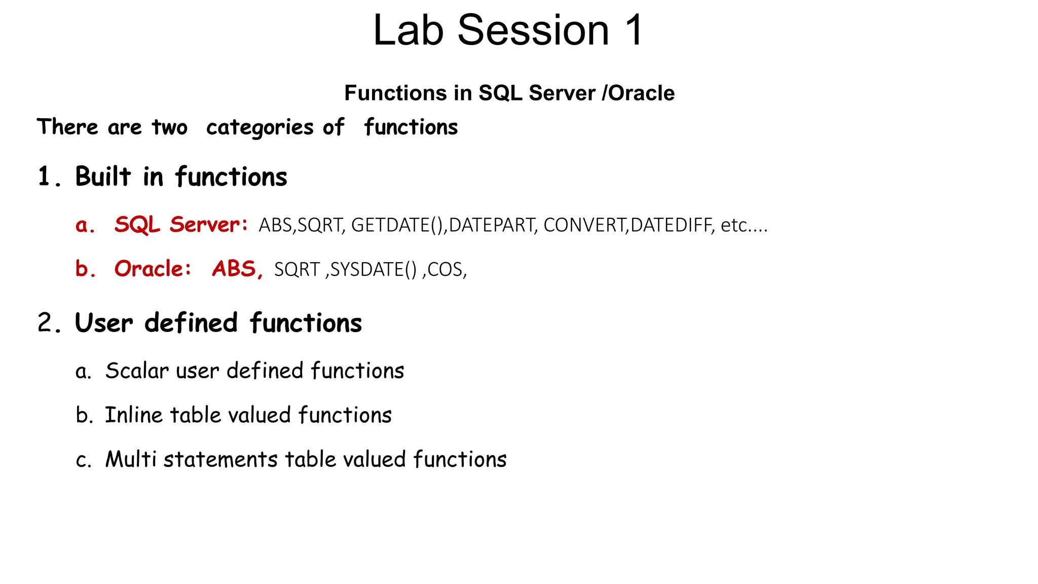 Lab Session 1
Functions in SQL Server /Oracle
There are two categories of functions
1. Built in functions
a. SQL Server: ABS,SQRT, GETDATE(),DATEPART, CONVERT,DATEDIFF, etc....
b. Oracle: ABS, SQRT ,SYSDATE() ,COS,
2. User defined functions
a. Scalar user defined functions
b. Inline table valued functions
c. Multi statements table valued functions
 