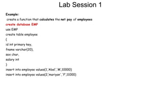 Lab Session 1
Example:
create a function that calculates the net pay of employees
create database EMP
use EMP
create table employee
(
id int primary key,
fname varchar(20),
sex char,
salary int
)
insert into employee values(1,’Abel’,'M’,10000)
insert into employee values(2,’mariyan','F’,11000)
 