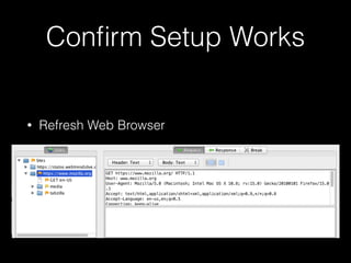 Conﬁrm Setup Works
•

Refresh Web Browser

•

Go to ZAP

•

See site in left-hand column

 